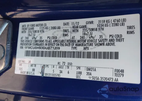 2013 Ford Escape Sel z USA, uszkodzony, nr VIN 1FMCU0H93DUB71209